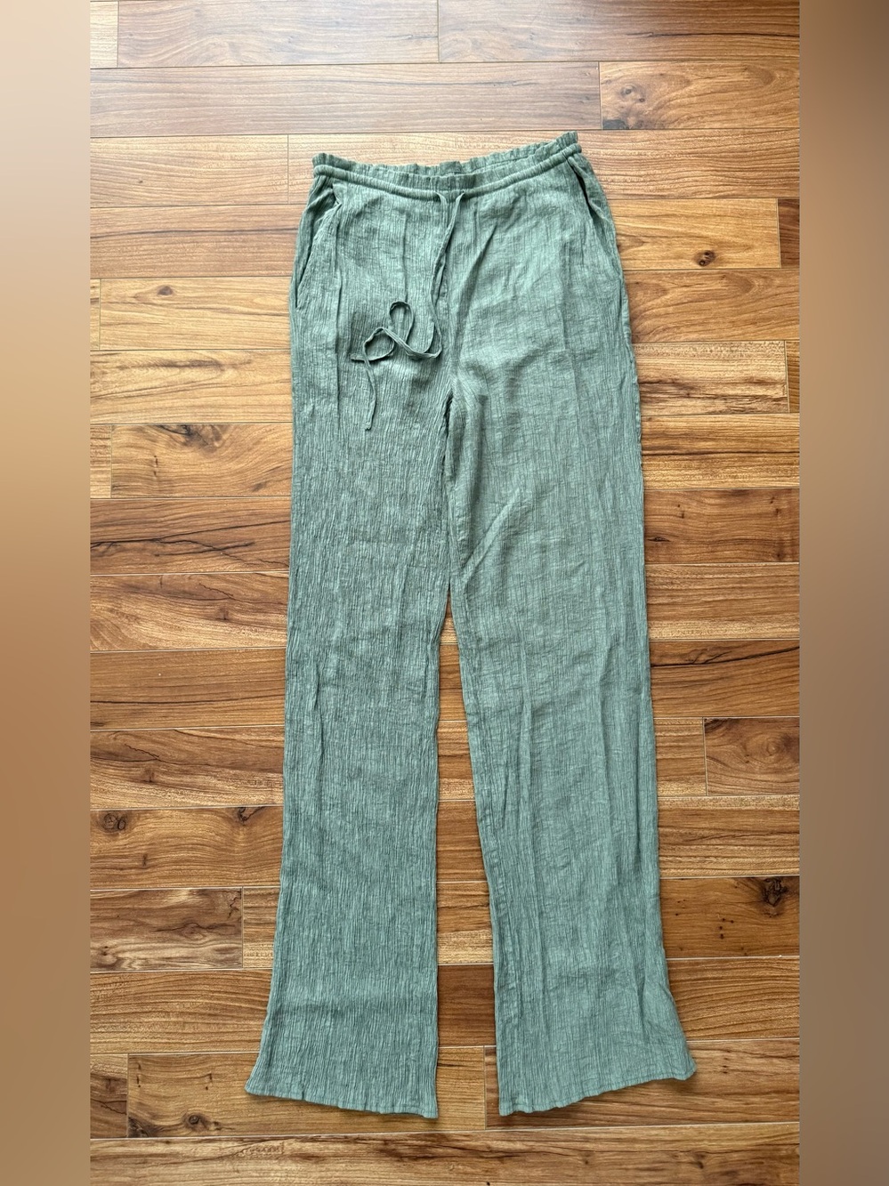 Zara Khaki Green Textured Flowy Straight Leg Pants Size XS